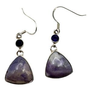 Sterling Silver & Amethyst Lavender Jade Dangle Earrings Triangular Gemstone